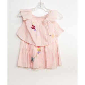 LE Collection Kids Girls Pink Cotton Blouse Floral Cap Sleeve Round Neck Size 5T